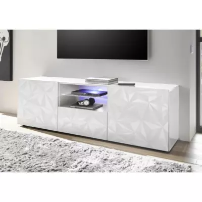 Meuble TV Blanc Laqué Brillant - Design Moderne - Livraison Rapide