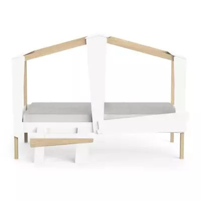 Lit cabane enfant avec grand tiroir - 90 x 200 cm - Blanc mat/chêne