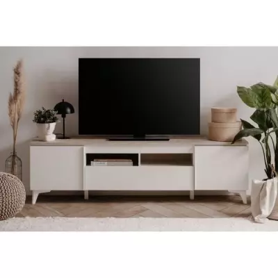 Meuble TV Bertrix 56A - Décor travertin / blanc - 177 x 51,5 x 40 cm