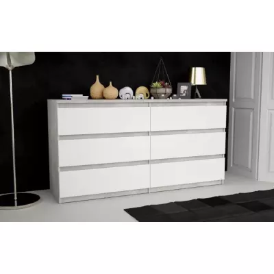 Commode CHELSEA 6 Tiroirs Blanc/Béton clair - Éco-responsable FSC® - L 154 x P 42,2 x H 79,9 cm