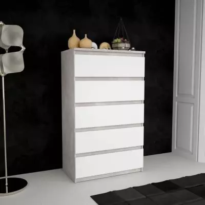 Commode CHELSEA 5 tiroirs - Style béton clair et blanc - Spacieux et moderne