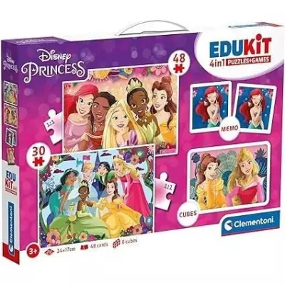 Clementoni Edukit Disney Princesses - Coffret 4 en 1 - 2 puzzles, 1 mémo & 1 jeu de 6 cubes
