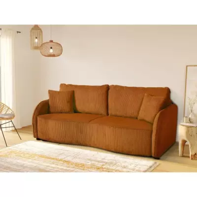 Canapé convertible 3 places BARI - Velours cotelé - Terracotta - Avec Coffre de rangement