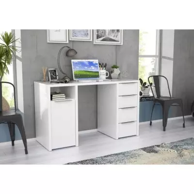 BILBAO Bureau 1 porte 4 tiroirs - Décor papier blanc