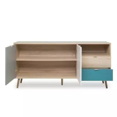 Buffet scandinave CUBA chêne, gris et bleu - L 150 x P 40 x H 71 cm