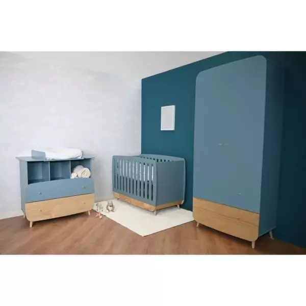 Ens. lit bébé 70 x 140 Kit évolutif, commode 2 tiroirs 3, niches et 1 plan a langer, 1 armoire - FIRMIANA - Bleu / bois - DEM