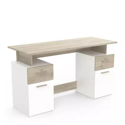 Bureau avec rangements PLATON Chene/Blanc - Design compact - L134,8 x P55 x H76,4 cm