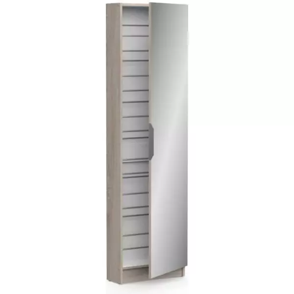 Armoire a chaussures ZAPATERO - 12 Paires - Décor Chene et Noir - 1 porte avec miroir - L50 x P18 x H200 cm - CBA MEUBLES