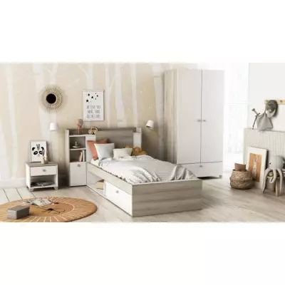 Lit enfant LIFE - 90x190/200 - Rangements - Chene et blanc - Fabriqué en France