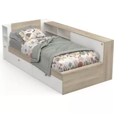 Lit enfant LIFE 1 personne - 90x190/200 - Rangements - Chene et blanc