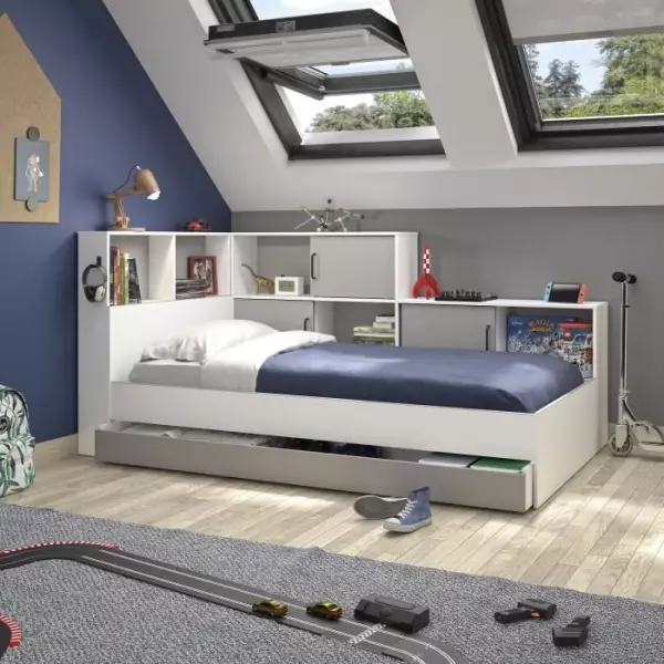 GAMI Erwan Lit enfant avec rangements - Décor blanc et gris- 90 x 200 cm