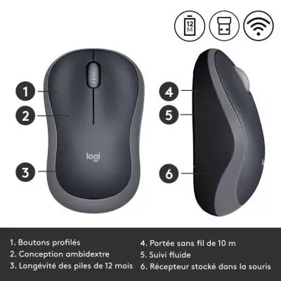 Souris - Sans fil - Logitech - M185 - Gris - Ambidextre