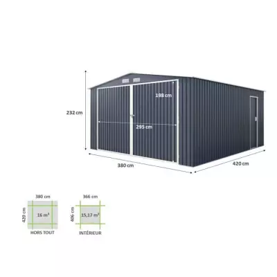 Abri de jardin / Garage en métal 16m² - Kit d'ancrage inclus