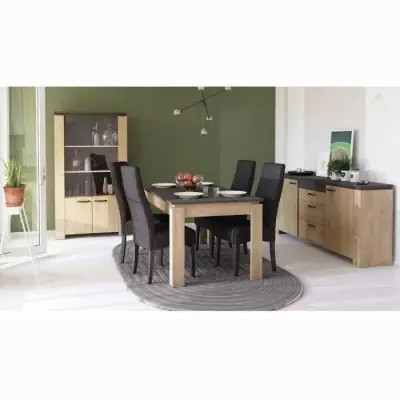 Ensemble Séjour AUSTIN - Table 170x90 cm, Vitrine & Enfilade Chêne Hamilton/Gris