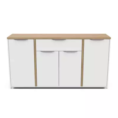 Ensemble Meubles Salon: Table basse + Banc TV + Enfilade - Chêne Hamilton et Blanc