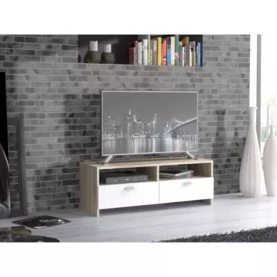 Meuble TV PILVI - Blanc mat et chene - Design élégant - Livraison facile