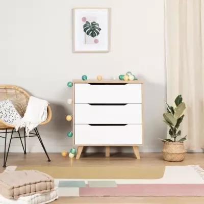 Commode 3 tiroirs chêne et blanc mat - Style scandinave - VANKKA