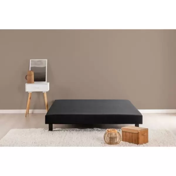 Sommier tapissier a lattes 140 x 190 cm - Bois massif noir + Pieds - DEKO DREAM Rakenne