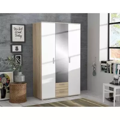 Armoire battante blanc/chêne 3 portes + miroir - SELKEA