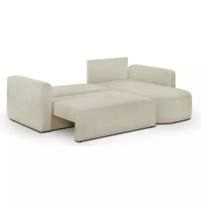 Canapé d'angle convertible 3 places GALET - Velours côtelé beige - Coffre de rangement