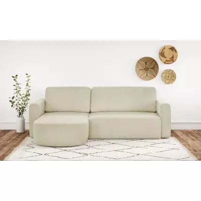 Canapé d'angle convertible 3 places GALET - Velours côtelé beige - Coffre de rangement