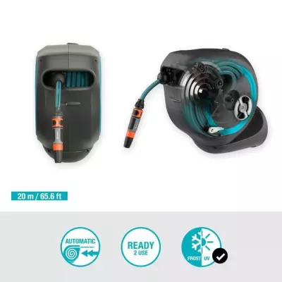 Dévidoir automatique mural RollUp M 20 m - GARDENA - Liseret bleu - Enroulement automatique