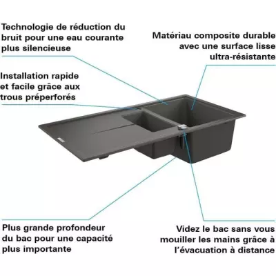 Évier composite GROHE K400 1000x500 mm Gris granite - Compact et fonctionnel