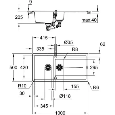 Évier composite GROHE K400 1000x500 mm Gris granite - Compact et fonctionnel