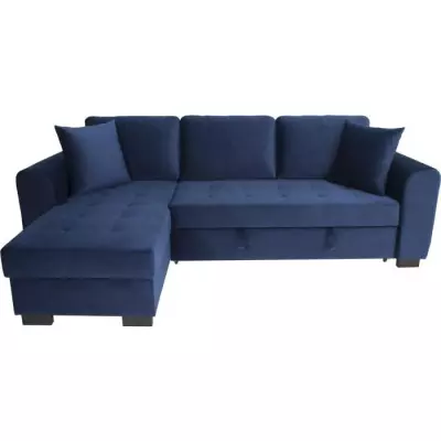 Canapé d'angle convertible HAMILTON 4 places - Velours bleu - Coffre de rangement