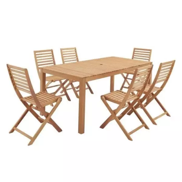 Ensemble repas de jardin 6 personnes - Table 160 x 90 cm + 6 chaises pliantes - Bois Eucalyptus FSC