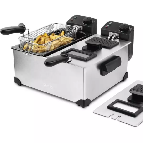 HKoeNIG DFX600 - Friteuse double bac 2x3L - 3600W - 2 thermostats indépendants - Paniers amovibles - Filtres anti-odeurs - Acie