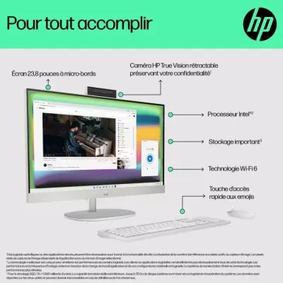 HP 24-cr0038nf AMD Ryzen™ 5 7520U 60,5 cm (23.8") 1920 x 1080 pixels PC All-in-One 8 Go LPDDR5-SDRAM 512 Go SSD Windows 11 Home