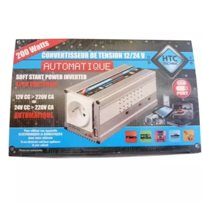 Convertisseur Auto 12/24V - 220/240V 200W USB 0,5A