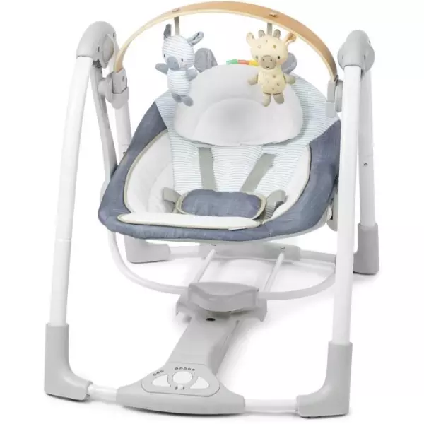 INGENUITY Balancelle bébé électrique compacte – Chambray, arche d'éveil en bois, 5 vitesses de balancement, 8 mélodies et