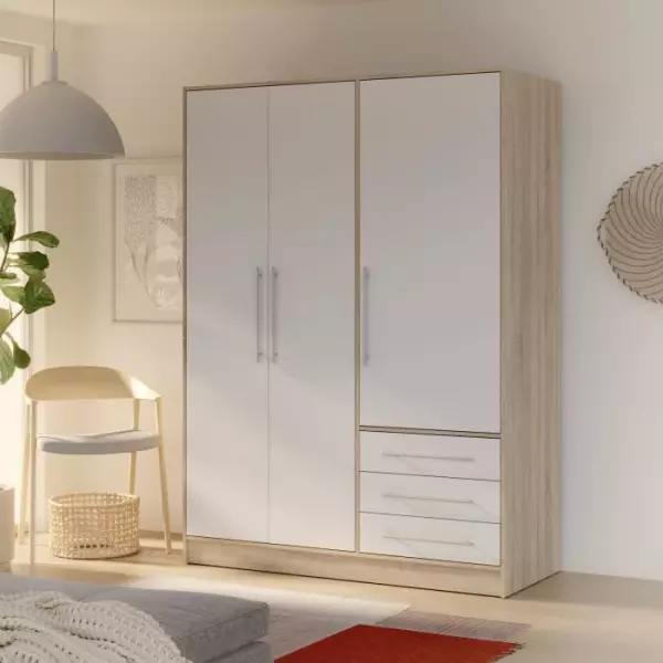 Armoire - Bois aggloméré chene et blanc - Contemporain - Chambre - L 144,6 cm