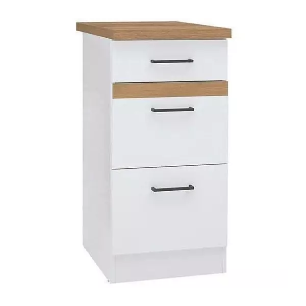 JUNONA Meuble bas de cuisine 40 cm - 3 tiroirs + plan de travail - Blanc brillant