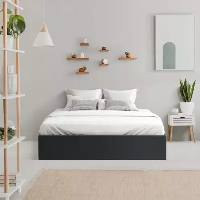 Lit adulte 160x200 cm avec coffre de rangement - Simili Noir et Bois FSC 100%