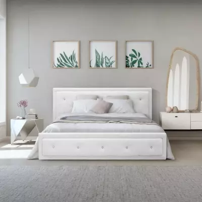 Lit coffre adulte capitonné VIRGINIA 160x200 cm - Simili blanc - FSC 100% - Sommier inclus