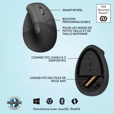 Souris ergonomique sans fil Logitech Lift pour droitier - Graphite