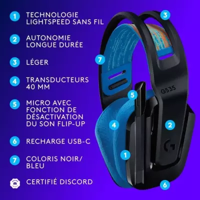 Casque gamer Logitech G535 Lightspeed sans fil - Noir/Bleu