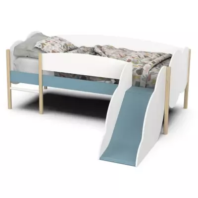Lit toboggan DEMEYERE 90x200 cm - Sommier à lattes - Blanc et bleu orage