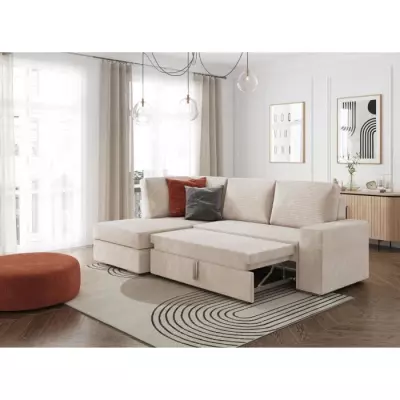 Canapé d'angle convertible en velours côtelé beige - L246 x P174 x H96cm