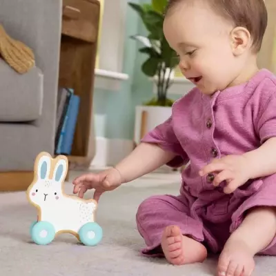 Jouet en bois: Lapin à pousser - Dimensions compactes 