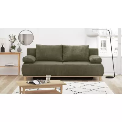 Banquette convertible 3 places MIKA - Velours côtelé vert kaki - Coffre de rangement