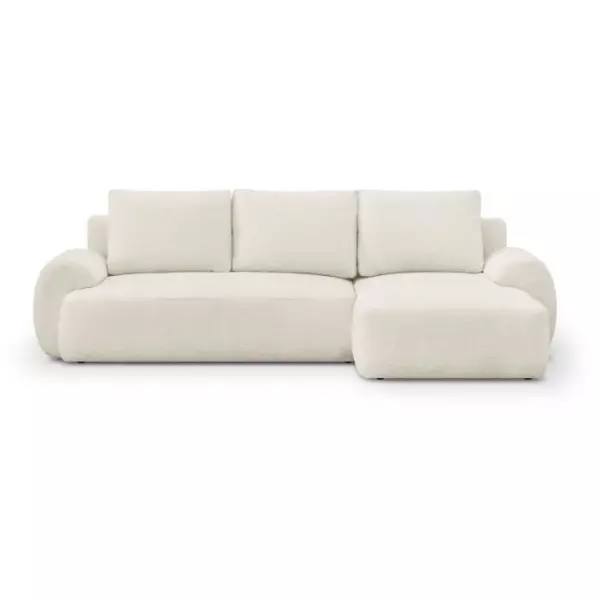 Canapé d'angle droit convertible 4/5 places MILO - Tissu bouclette beige clair - Coffre de rangement - L 264 x H 84 x P 99/145