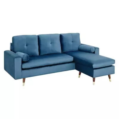 Canapé d'angle fixe réversible bleu - 3 places - Pieds bois et doré
