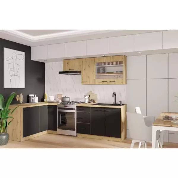 MODENA - Cuisine complete - 210 x 150 x 82 cm - Chene artisan / Noir mat - Plan de travail non inclus