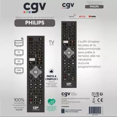 Télécommande de remplacement - CGV - FIDELIO Philips - Pour téléviseurs Philips - Sans programmation - Prete a l'emploi Télécommande de remplacement - CGV - FIDELIO Philips - Pour téléviseurs Philips - Sans programmation - Prete a l'emploi