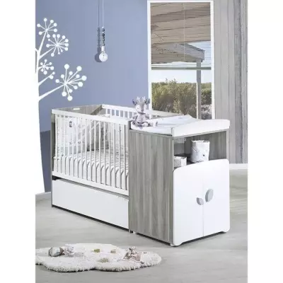 Lit combiné évolutif en bois gris - Babyprice Leaf - 120x60cm devient 90x190cm