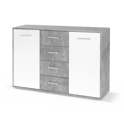 Buffet bas PILVI - Blanc/béton clair - 2 portes et 4 tiroirs
